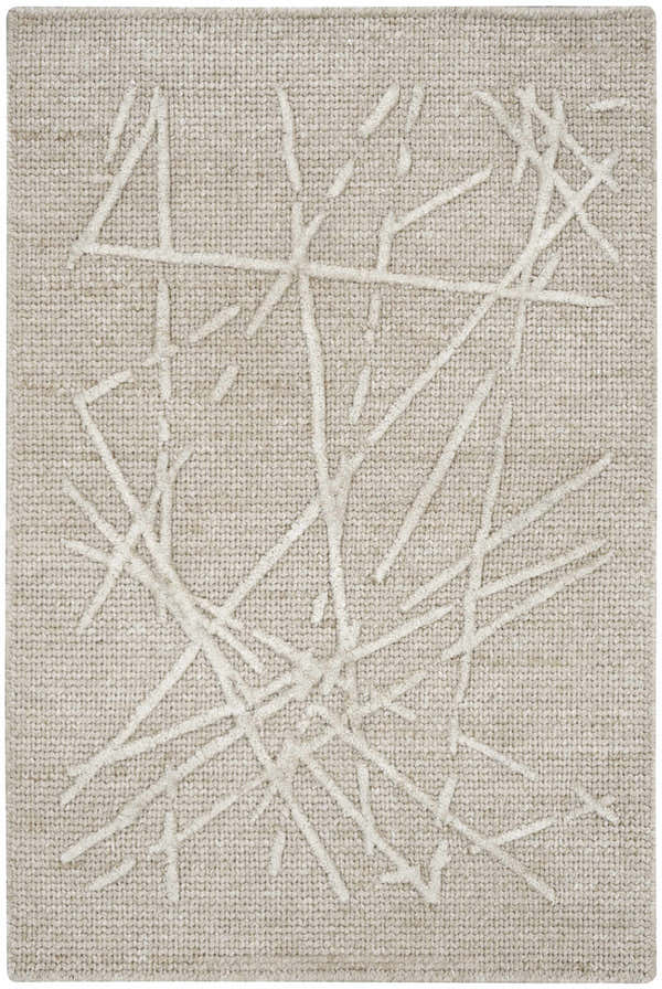 Close-up of Calvin Klein CK044 Wander Taupe rug. Ivory linear design on a textured wool and rayon blend. Handmade mid-century style.