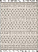 Close-up of Nourison Paxton Ivory/Grey rug. Features diamond and Greek key patterns, plus tassels. Mid-Century Modern style.