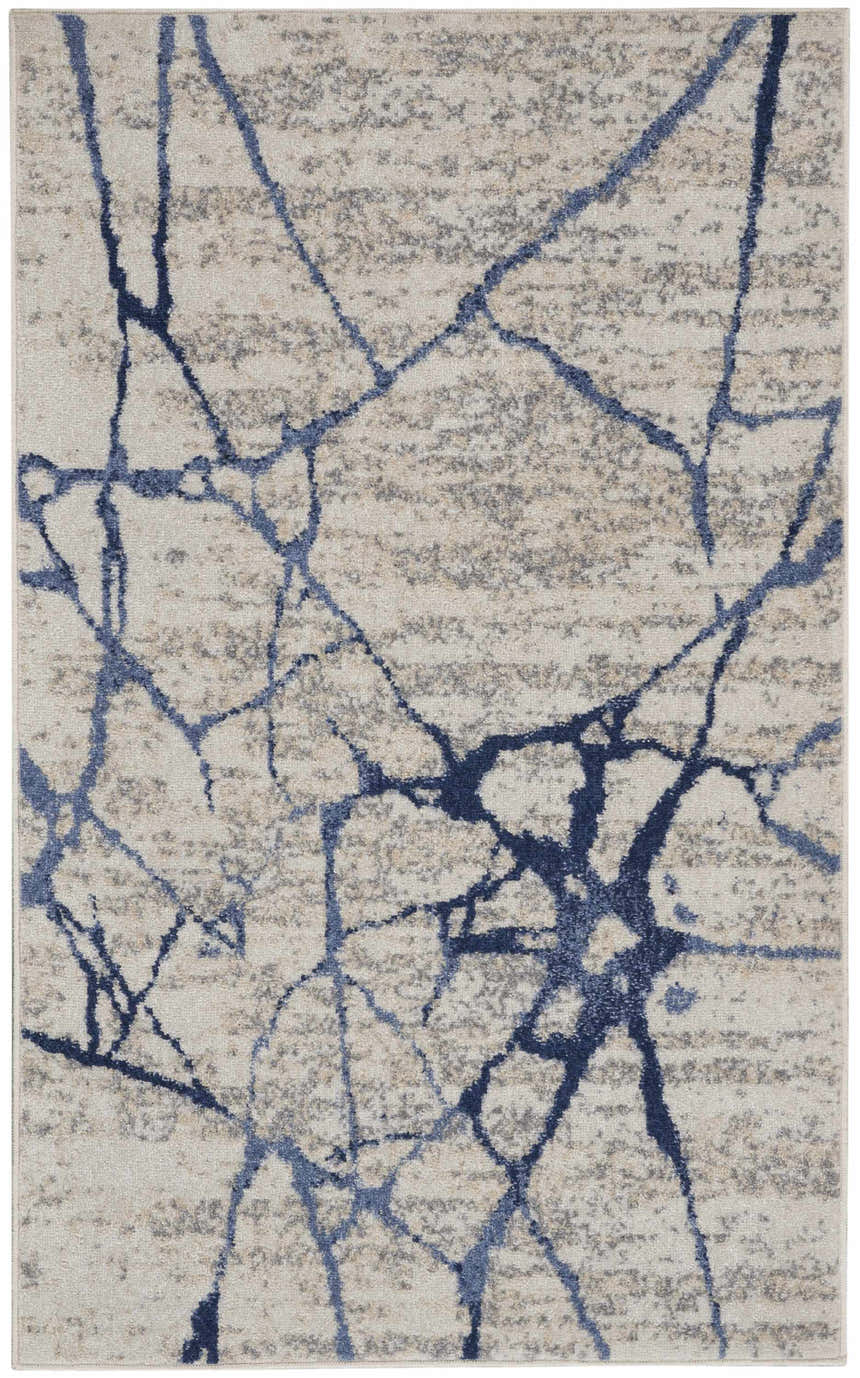 Close-up of Calvin Klein River Flow Ivory Blue Rug. Modern design with abstract navy lines on a neutral background.