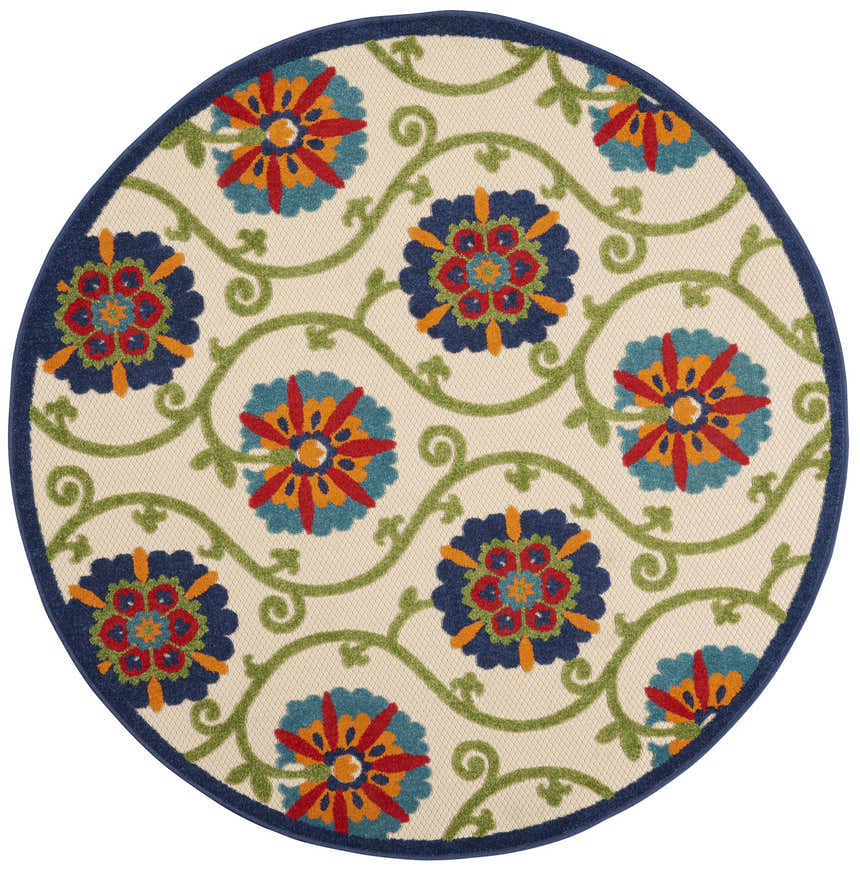 Close-up of a round Nourison Aloha Blue Multicolor rug with floral and vine pattern on a cream background.