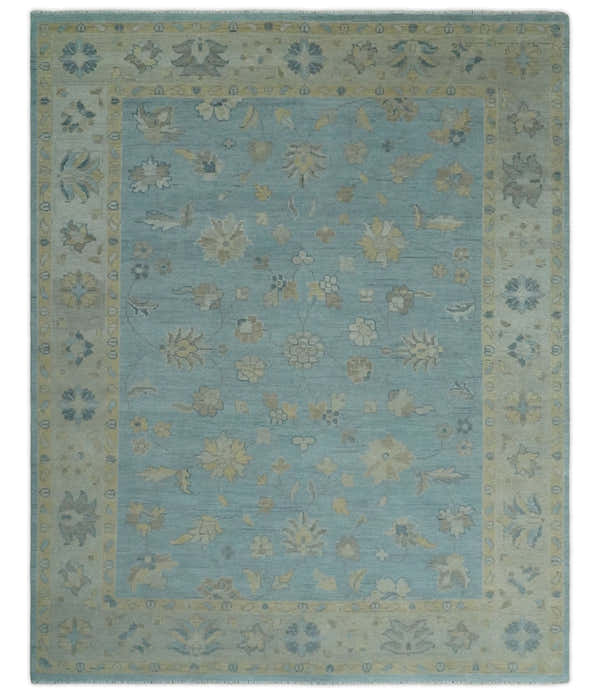 Made to Order Aqua, Beige and Ivory Hand Knotted Floral Oushak Wool Rug
