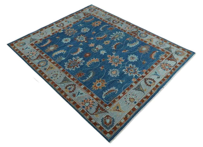 Blue, Rust and Aqua Hand Knotted Floral Multi Size Oushak Wool Area Rug