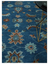 Blue, Rust and Aqua Hand Knotted Floral Multi Size Oushak Wool Area Rug