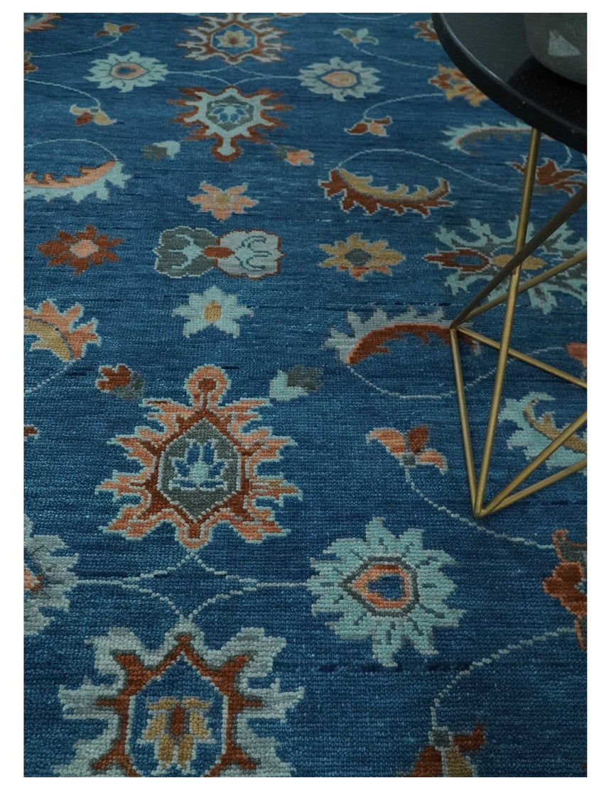 Blue, Rust and Aqua Hand Knotted Floral Multi Size Oushak Wool Area Rug