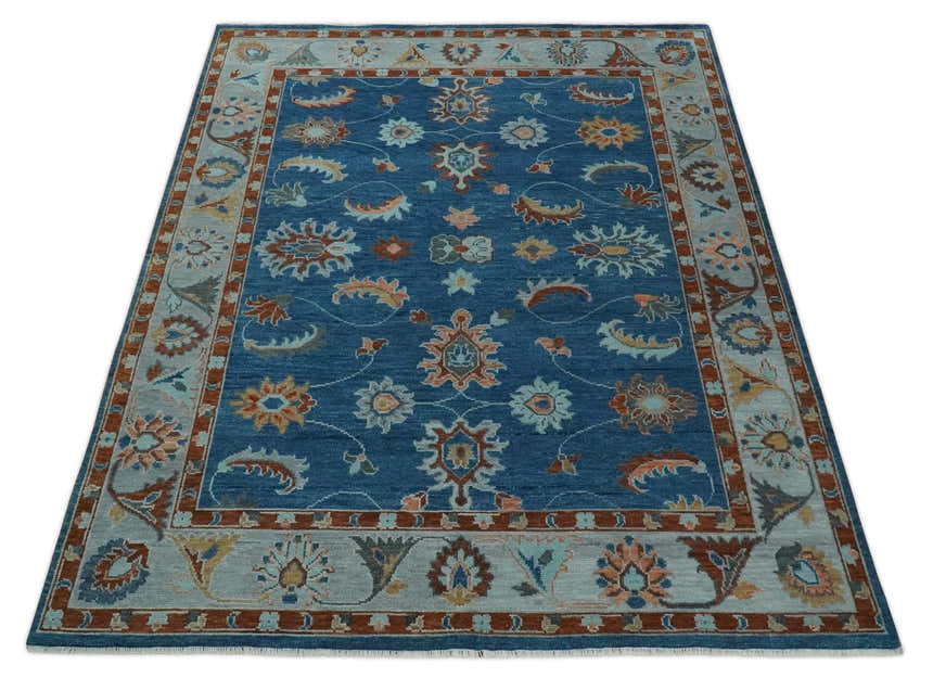 Blue, Rust and Aqua Hand Knotted Floral Multi Size Oushak Wool Area Rug