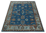 Blue, Rust and Aqua Hand Knotted Floral Multi Size Oushak Wool Area Rug