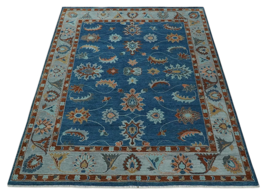 Blue, Rust and Aqua Hand Knotted Floral Multi Size Oushak Wool Area Rug