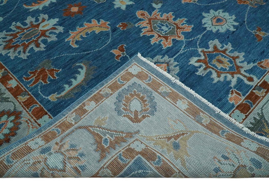 Blue, Rust and Aqua Hand Knotted Floral Multi Size Oushak Wool Area Rug