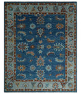 Blue, Rust and Aqua Hand Knotted Floral Multi Size Oushak Wool Area Rug