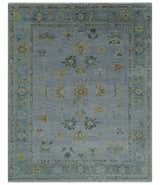 Multi Size Charcoal, Aqua and Silver Hand Knotted Oushak Wool Area Rug