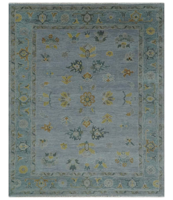 Multi Size Charcoal, Aqua and Silver Hand Knotted Oushak Wool Area Rug