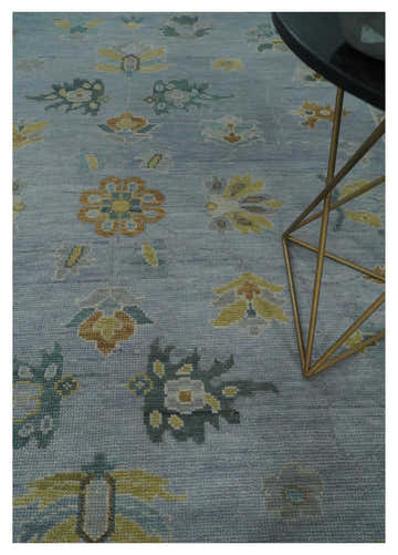 Multi Size Charcoal, Aqua and Silver Hand Knotted Oushak Wool Area Rug