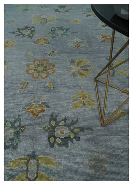 Multi Size Charcoal, Aqua and Silver Hand Knotted Oushak Wool Area Rug