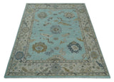 Hand Knotted Aqua, Beige and Ivory Traditional Oushak Wool Rug