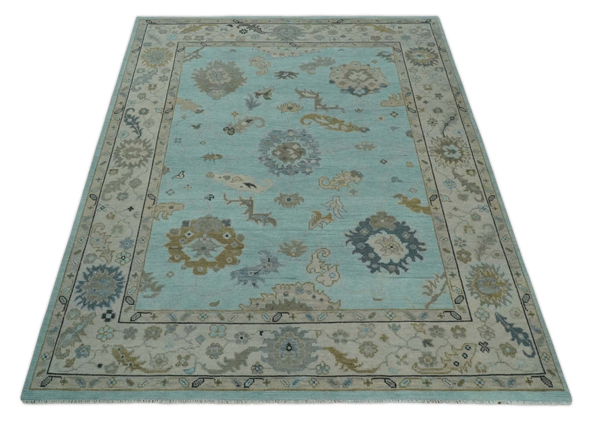 Hand Knotted Aqua, Beige and Ivory Traditional Oushak Wool Rug