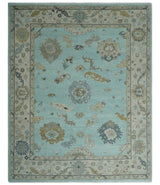 Hand Knotted Aqua, Beige and Ivory Traditional Oushak Wool Rug