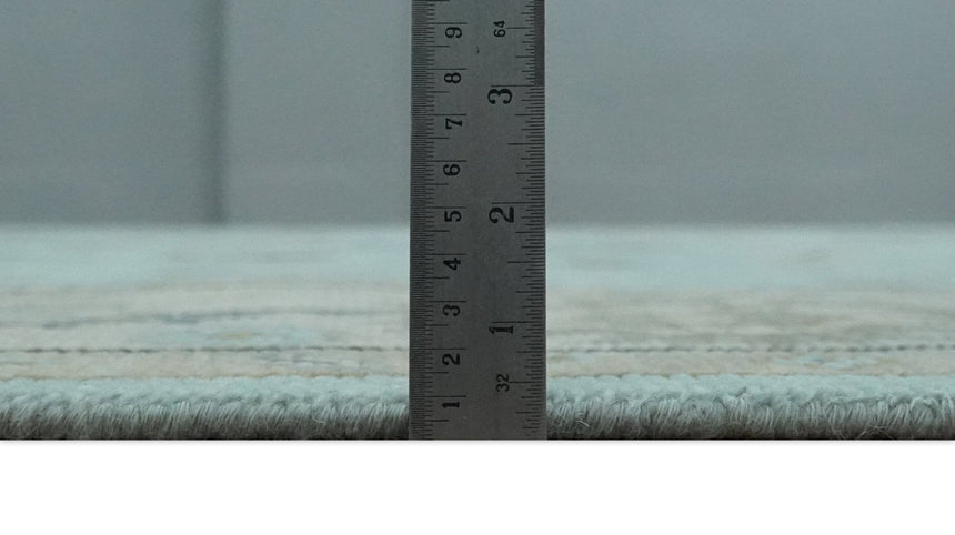 Hand Knotted Aqua, Beige and Ivory Traditional Oushak Wool Rug