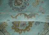 Hand Knotted Aqua, Beige and Ivory Traditional Oushak Wool Rug