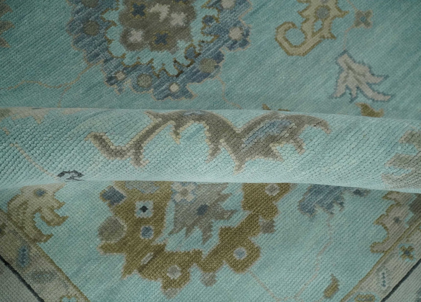 Hand Knotted Aqua, Beige and Ivory Traditional Oushak Wool Rug