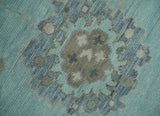 Hand Knotted Aqua, Beige and Ivory Traditional Oushak Wool Rug