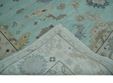 Hand Knotted Aqua, Beige and Ivory Traditional Oushak Wool Rug
