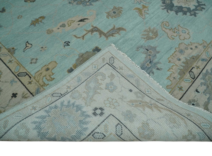 Hand Knotted Aqua, Beige and Ivory Traditional Oushak Wool Rug