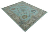 Hand Knotted Aqua, Beige and Ivory Traditional Oushak Wool Rug