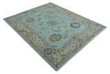 Hand Knotted Aqua, Beige and Ivory Traditional Oushak Wool Rug