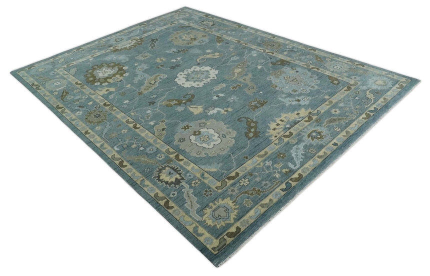 Multi Size Hand Knotted Blue and Beige Traditional Oushak Wool Rug