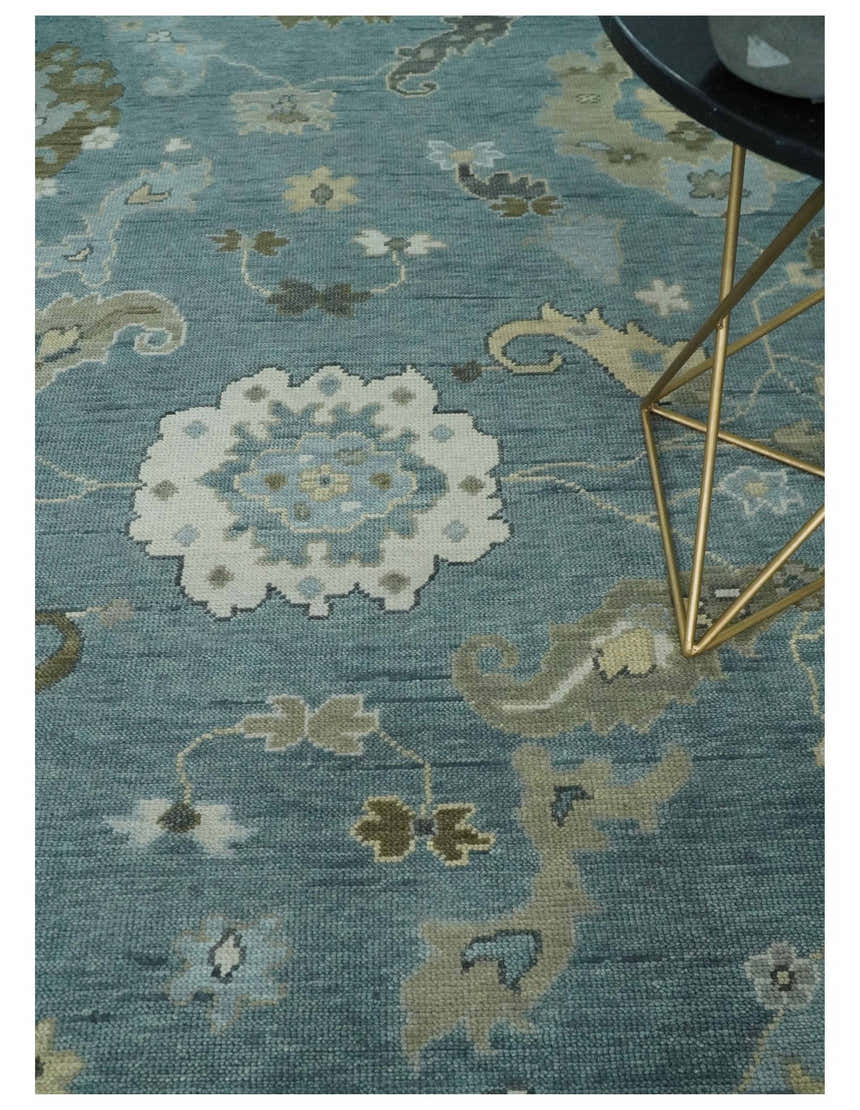 Multi Size Hand Knotted Blue and Beige Traditional Oushak Wool Rug