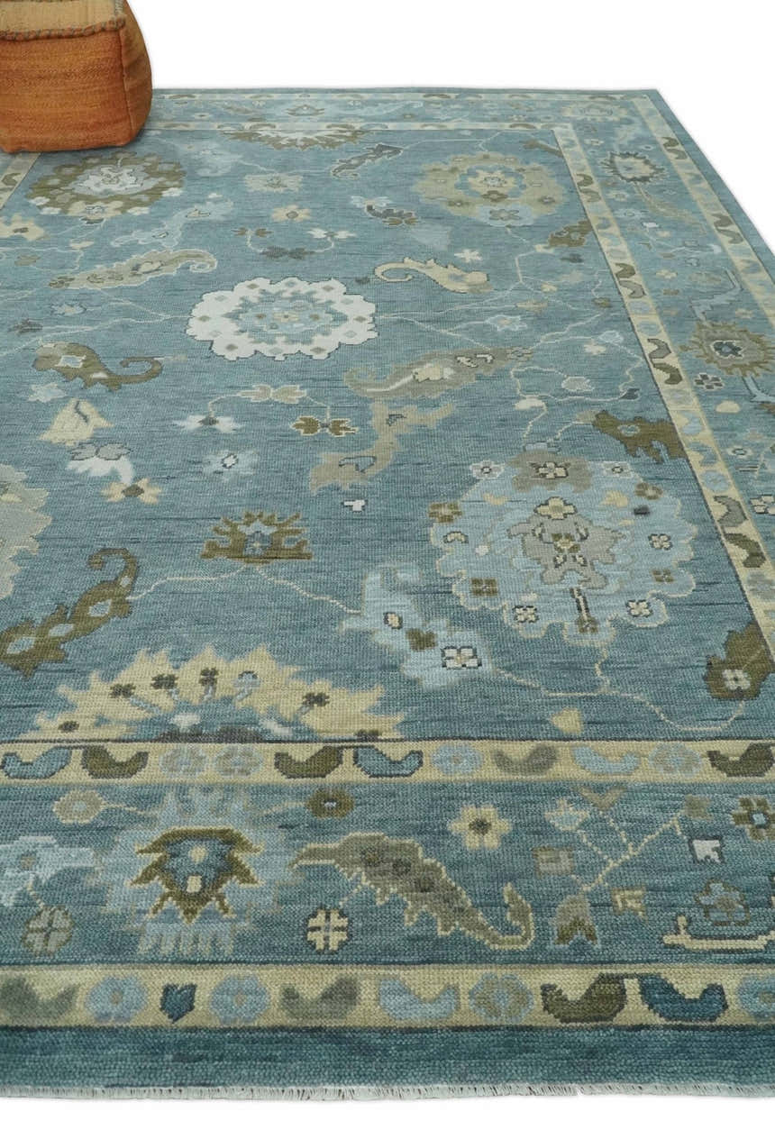 Multi Size Hand Knotted Blue and Beige Traditional Oushak Wool Rug