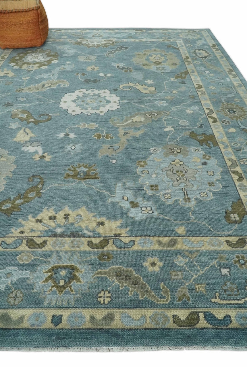 Multi Size Hand Knotted Blue and Beige Traditional Oushak Wool Rug