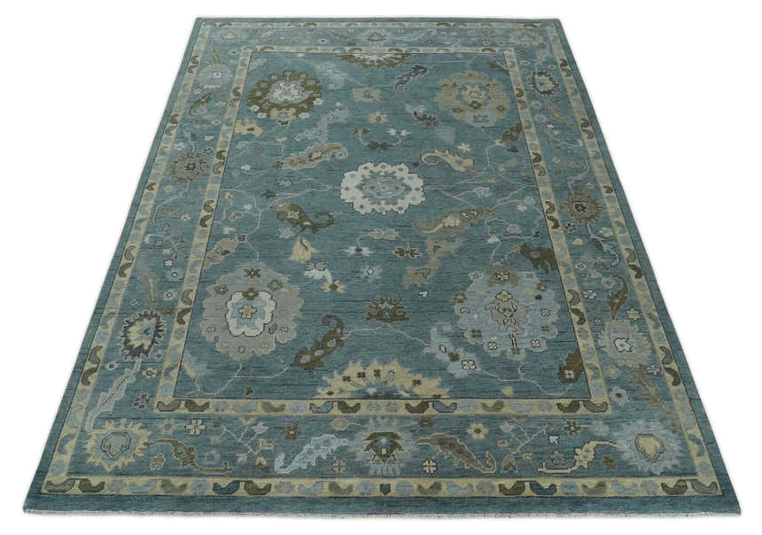 Multi Size Hand Knotted Blue and Beige Traditional Oushak Wool Rug