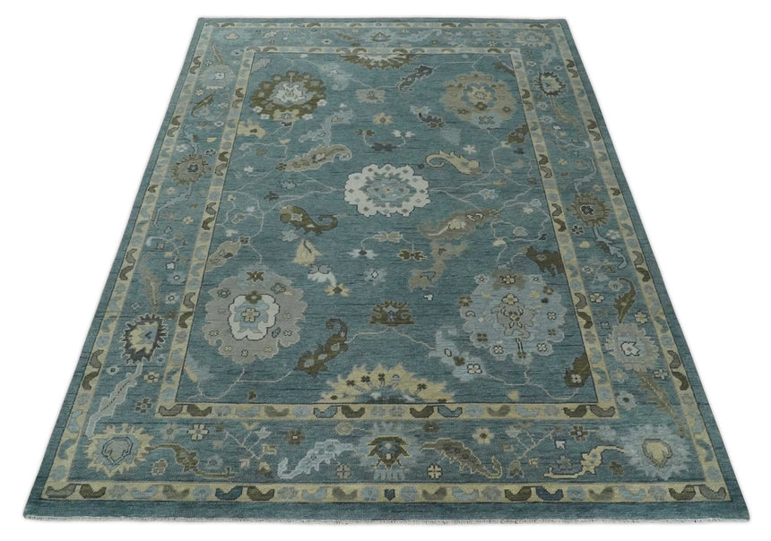 Multi Size Hand Knotted Blue and Beige Traditional Oushak Wool Rug