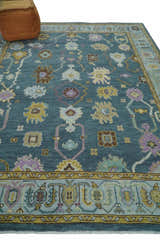 Hand Knotted Blue and Silver Vibrant colorful Oushak Wool Area Rug
