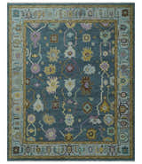 Hand Knotted Blue and Silver Vibrant colorful Oushak Wool Area Rug