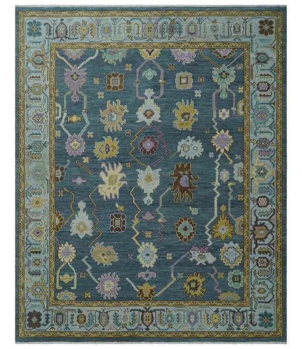 Hand Knotted Blue and Silver Vibrant colorful Oushak Wool Area Rug