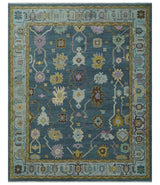 Hand Knotted Blue and Silver Vibrant colorful Oushak Wool Area Rug