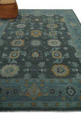 Hand Knotted Charcoal and Aqua Traditional Multi Size Oushak Wool Area Rug