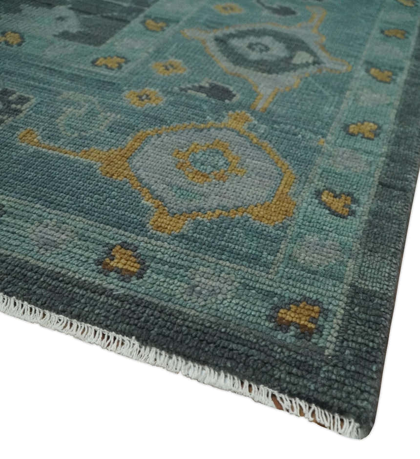 Hand Knotted Charcoal and Aqua Traditional Multi Size Oushak Wool Area Rug