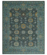 Hand Knotted Charcoal and Aqua Traditional Multi Size Oushak Wool Area Rug