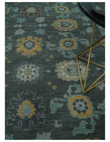 Hand Knotted Charcoal and Aqua Traditional Multi Size Oushak Wool Area Rug