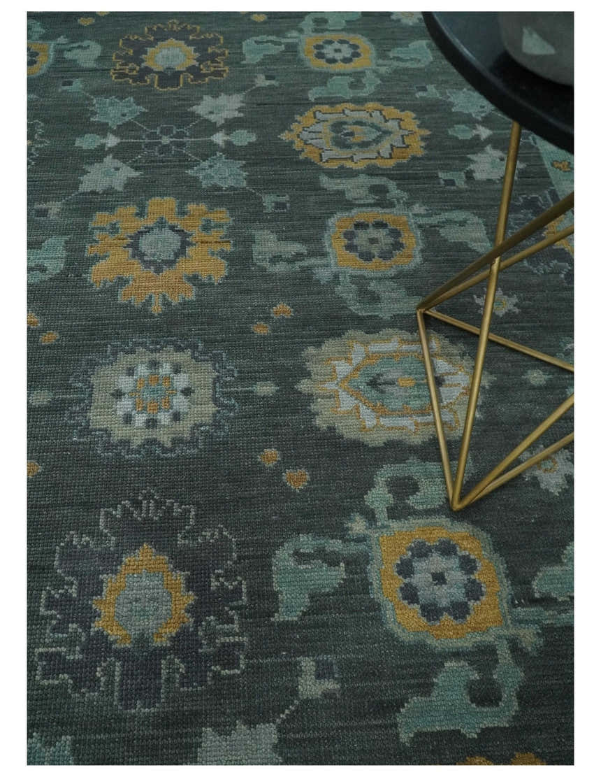 Hand Knotted Charcoal and Aqua Traditional Multi Size Oushak Wool Area Rug