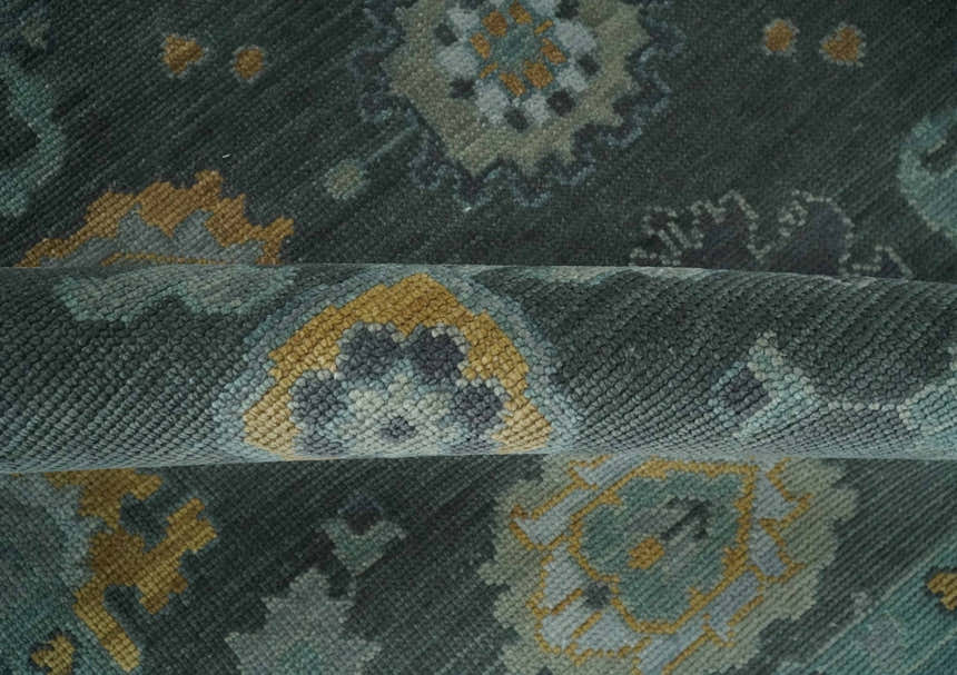 Hand Knotted Charcoal and Aqua Traditional Multi Size Oushak Wool Area Rug