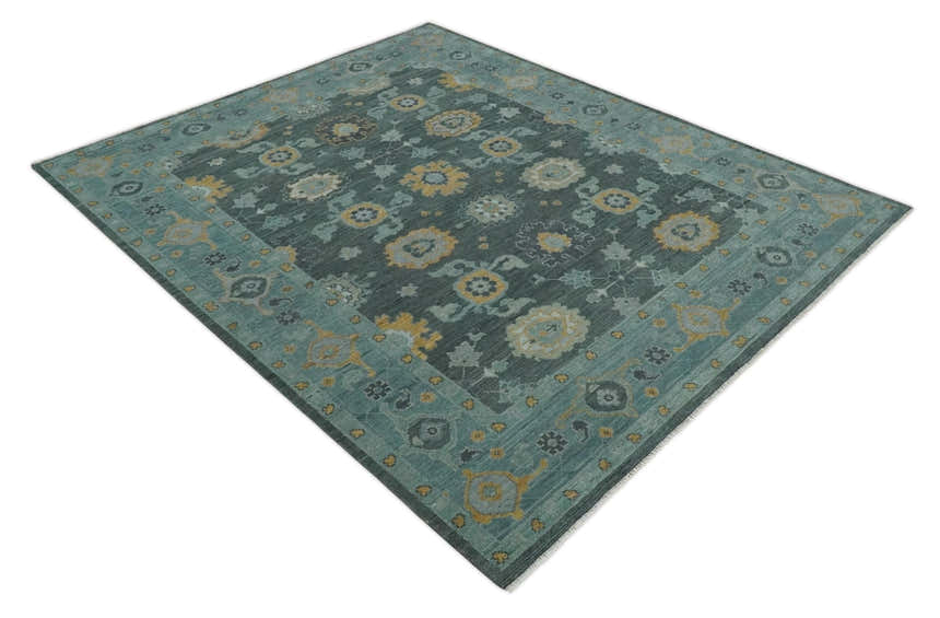 Hand Knotted Charcoal and Aqua Traditional Multi Size Oushak Wool Area Rug