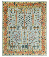 Hand Knotted Rust and Blue Traditional Turkish Vintage Multi Size Wool Rug
