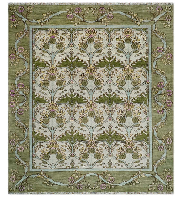 Custom Made Hand Knotted Ivory and Green Floral Traditional Antique Style Wool Area Rug