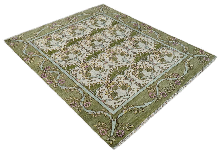 Custom Made Hand Knotted Ivory and Green Floral Traditional Antique Style Wool Area Rug