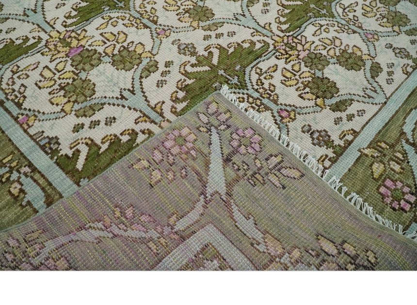 Custom Made Hand Knotted Ivory and Green Floral Traditional Antique Style Wool Area Rug