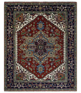 Hand Knotted Brown, Ivory and Blue Traditional Heriz Multi size Hand knotted Wool Area Rug